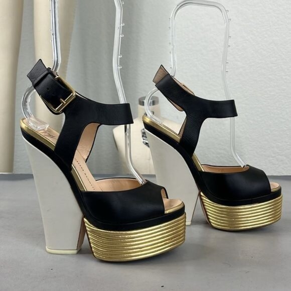 Giuseppe Zanotti Gold Black Leather Peep Toe Platform Sandals Pumps - Picture 2 of 11